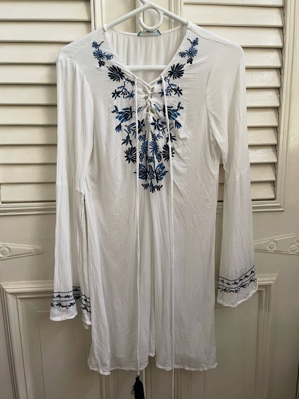 Blue Island White Embroidered Lace-Up Tunic Beach coverup Dress - Floral